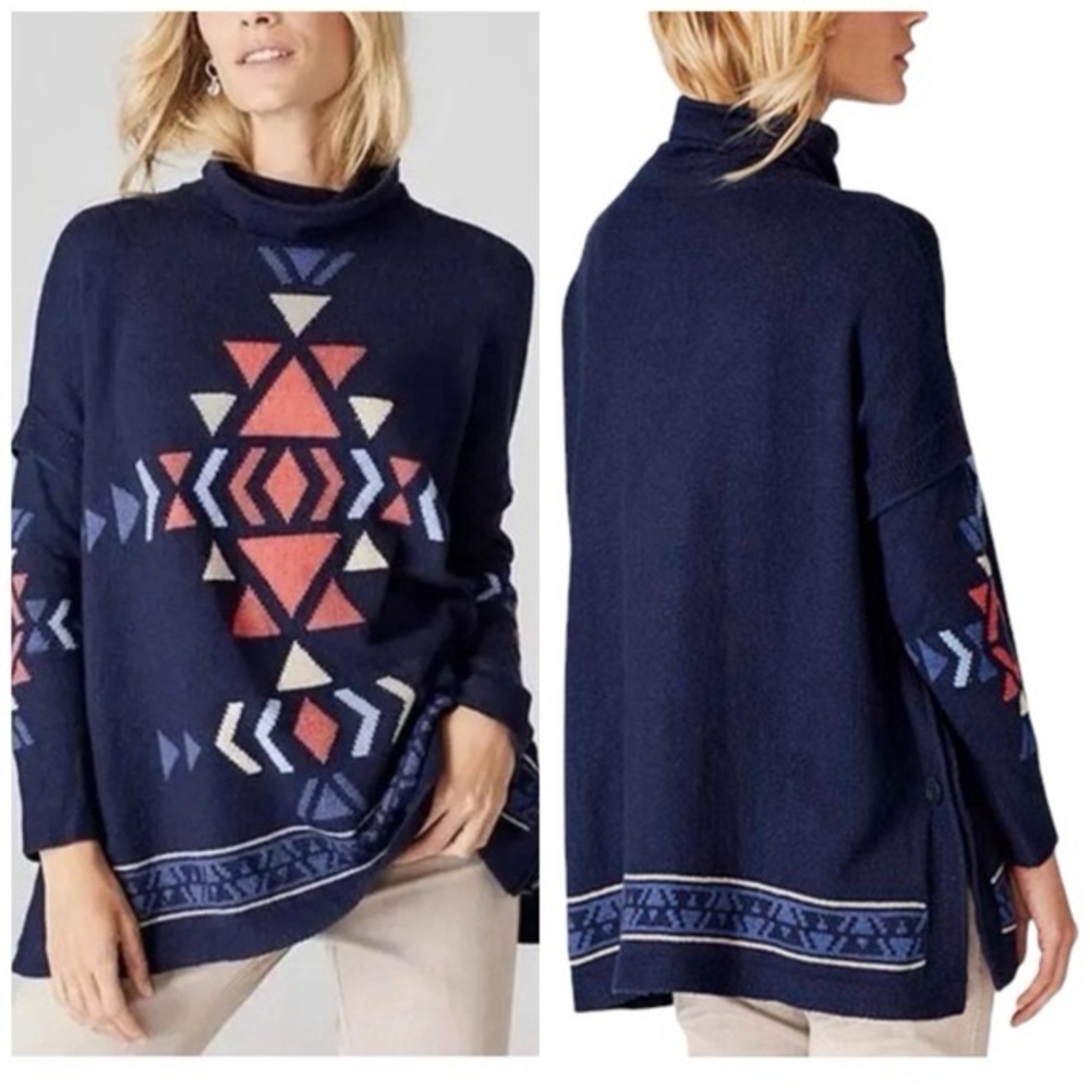J Jill Women Size M Blue Aztec Knit Funnel Neck Sweater Poncho Boho Southwestern